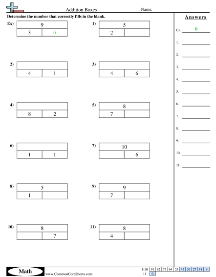 k.oa.2 Worksheets - Addition Boxes (to ten) worksheet